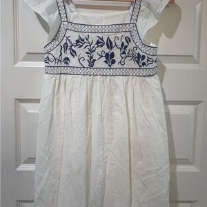 SHEIN White Dress with Navy Blue Embroidered Bodice